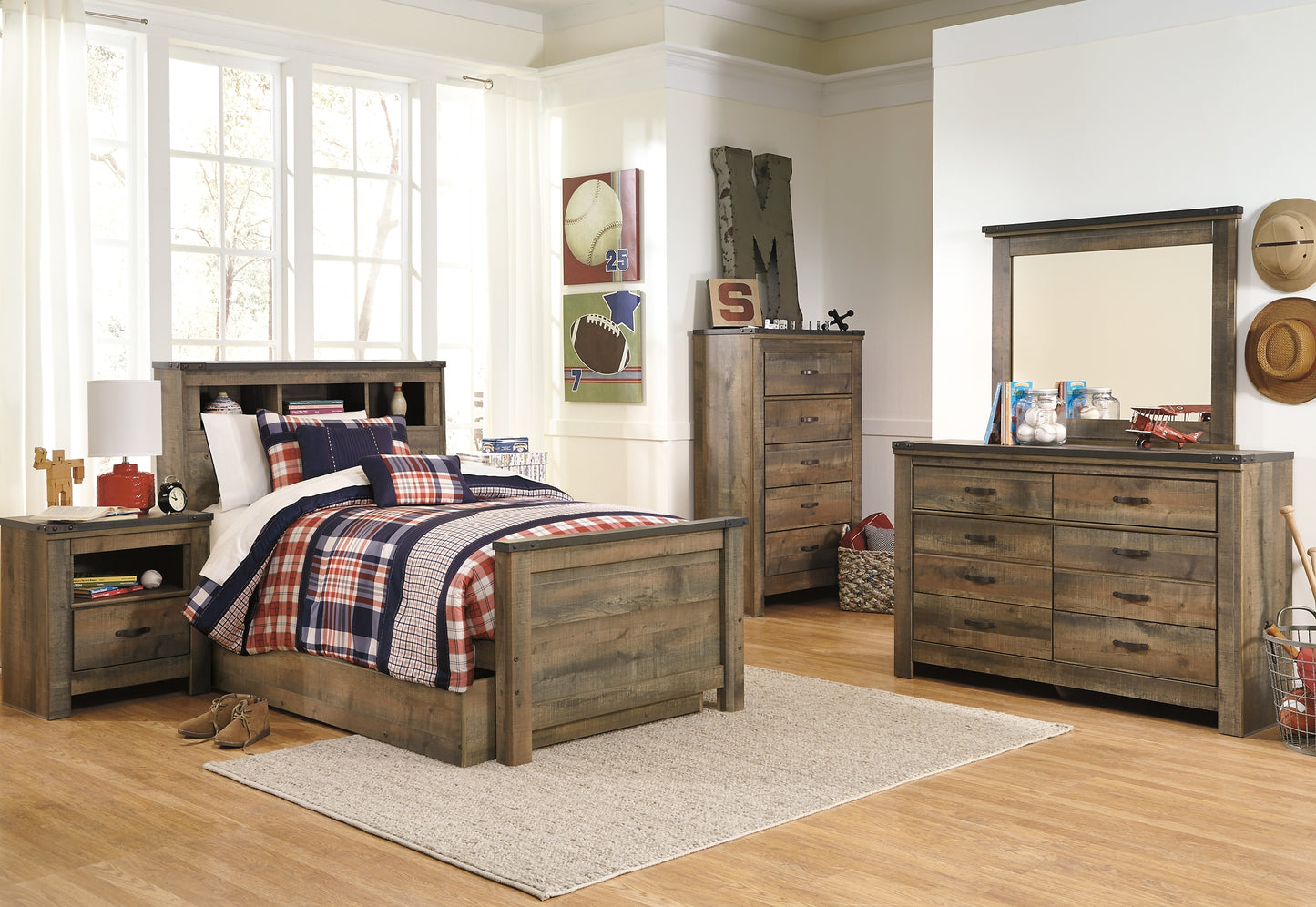 Cama librería individual Trinell con 1 cajón grande de almacenamiento