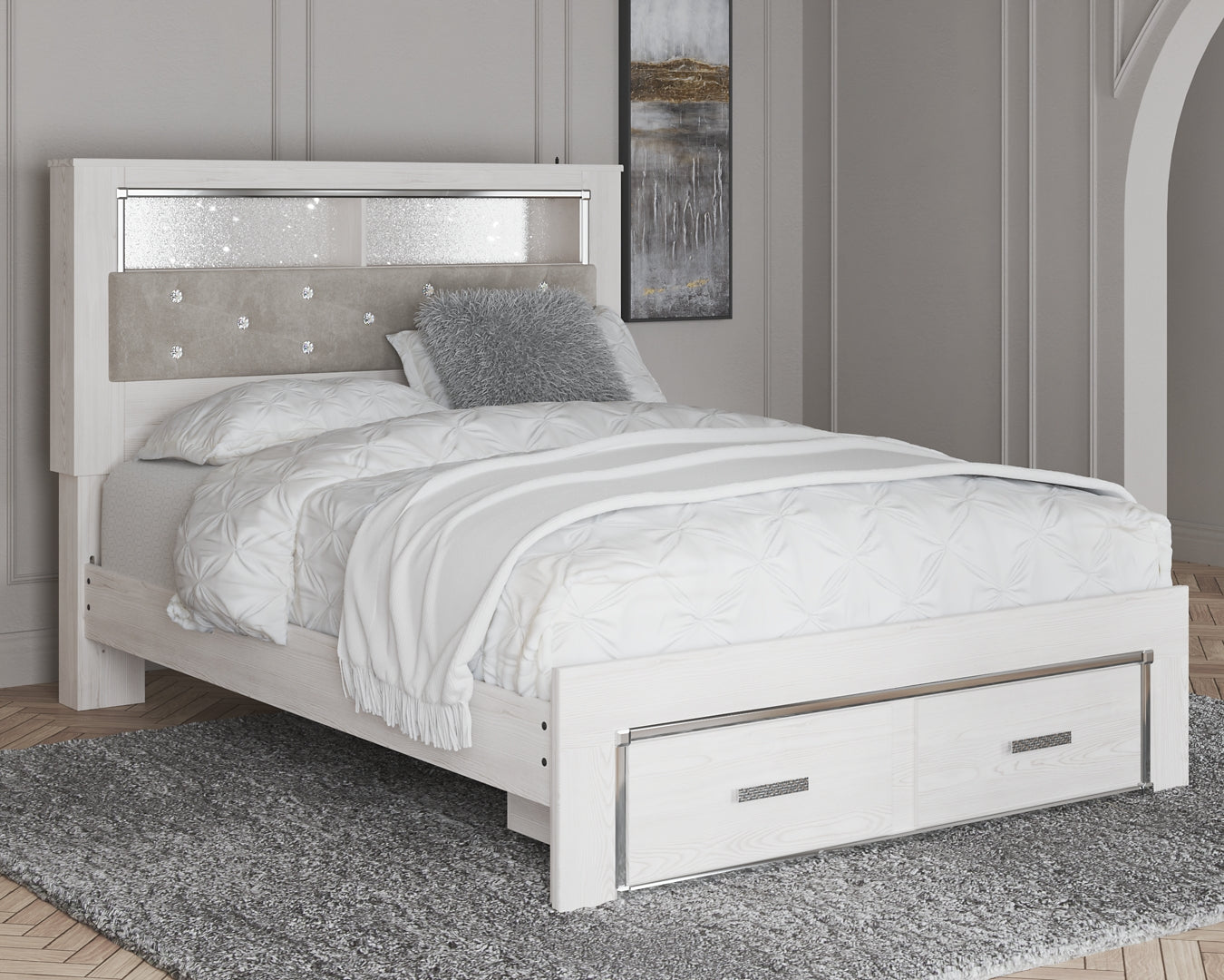 Cama-librería tapizada Altyra con espacio de almacenamiento
