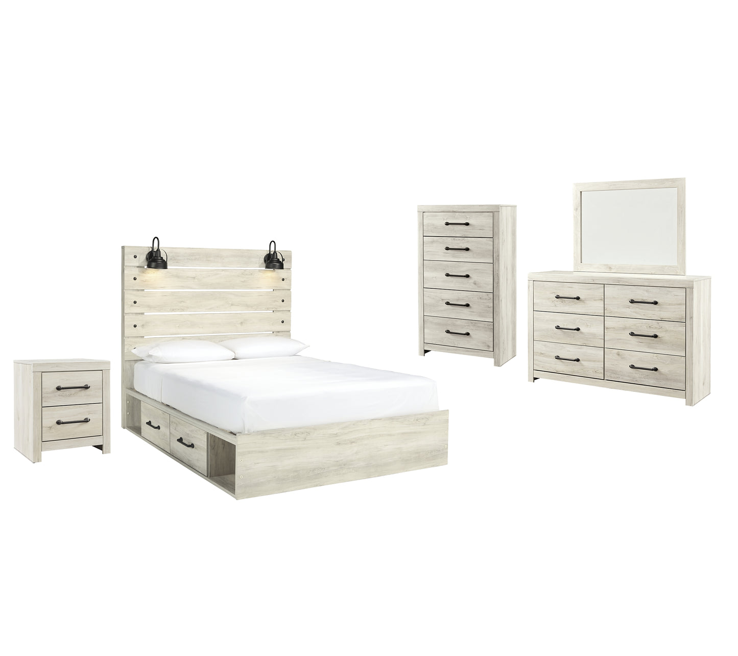 Cama Cambeck con dos cajones, cómoda con espejo y mesita de noche