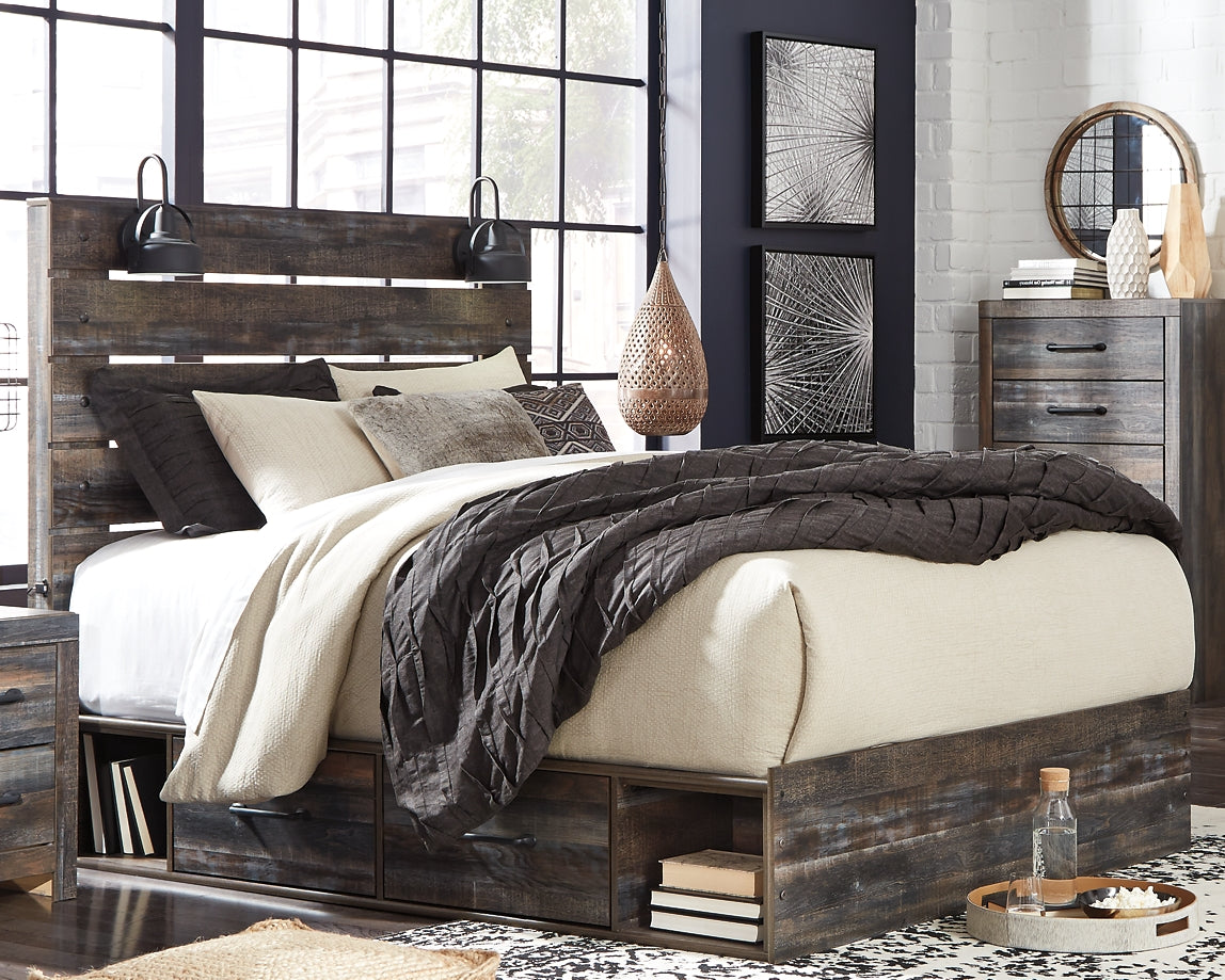 Cama Drystan Queen con dos cajones de almacenamiento, cómoda con espejo y cómoda