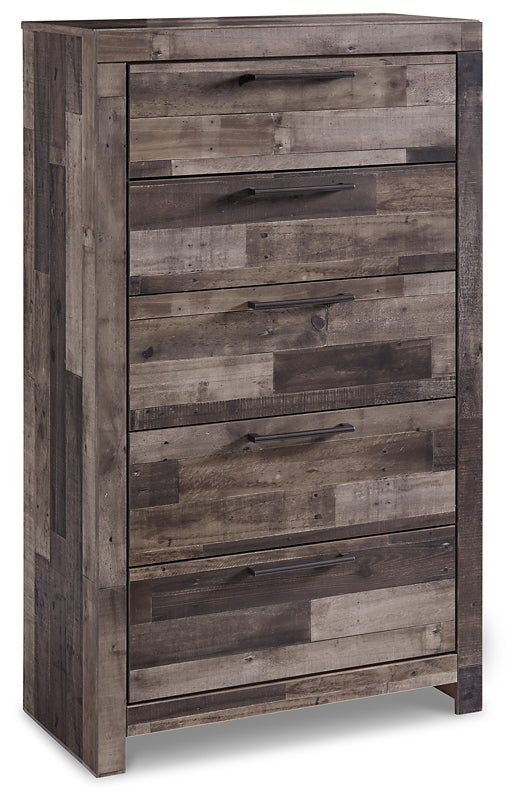 Cama Queen Derekson con 6 cajones, cómoda con espejo, cómoda y mesita de noche