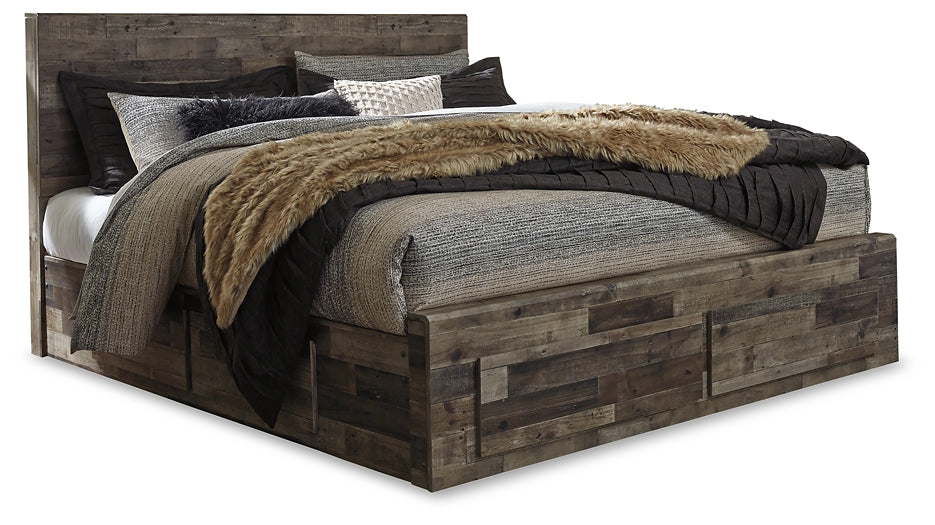 Cama Derekson King con 4 cajones de almacenamiento, cómoda con espejo, cómoda y mesita de noche