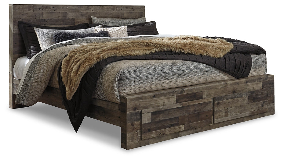 Cama Derekson King con dos cajones de almacenamiento, cómoda con espejo, cómoda y mesita de noche