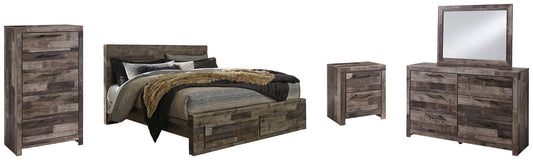 Cama Derekson King con dos cajones de almacenamiento, cómoda con espejo, cómoda y mesita de noche