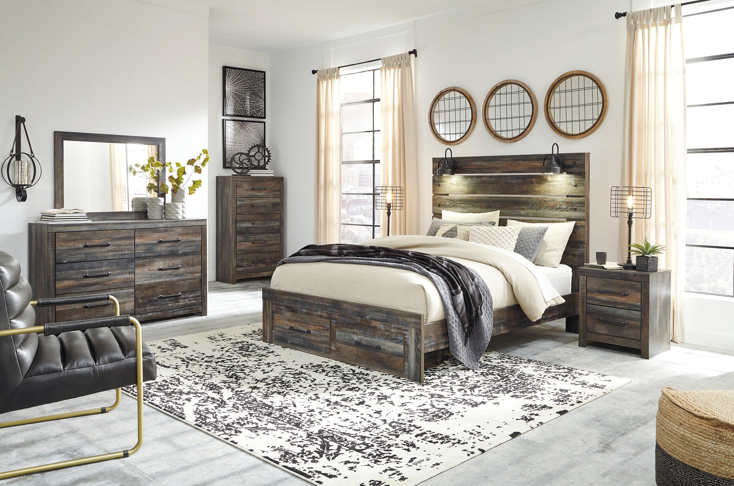 Cama Drystan Queen con dos cajones, cómoda con espejo, cómoda y mesita de noche
