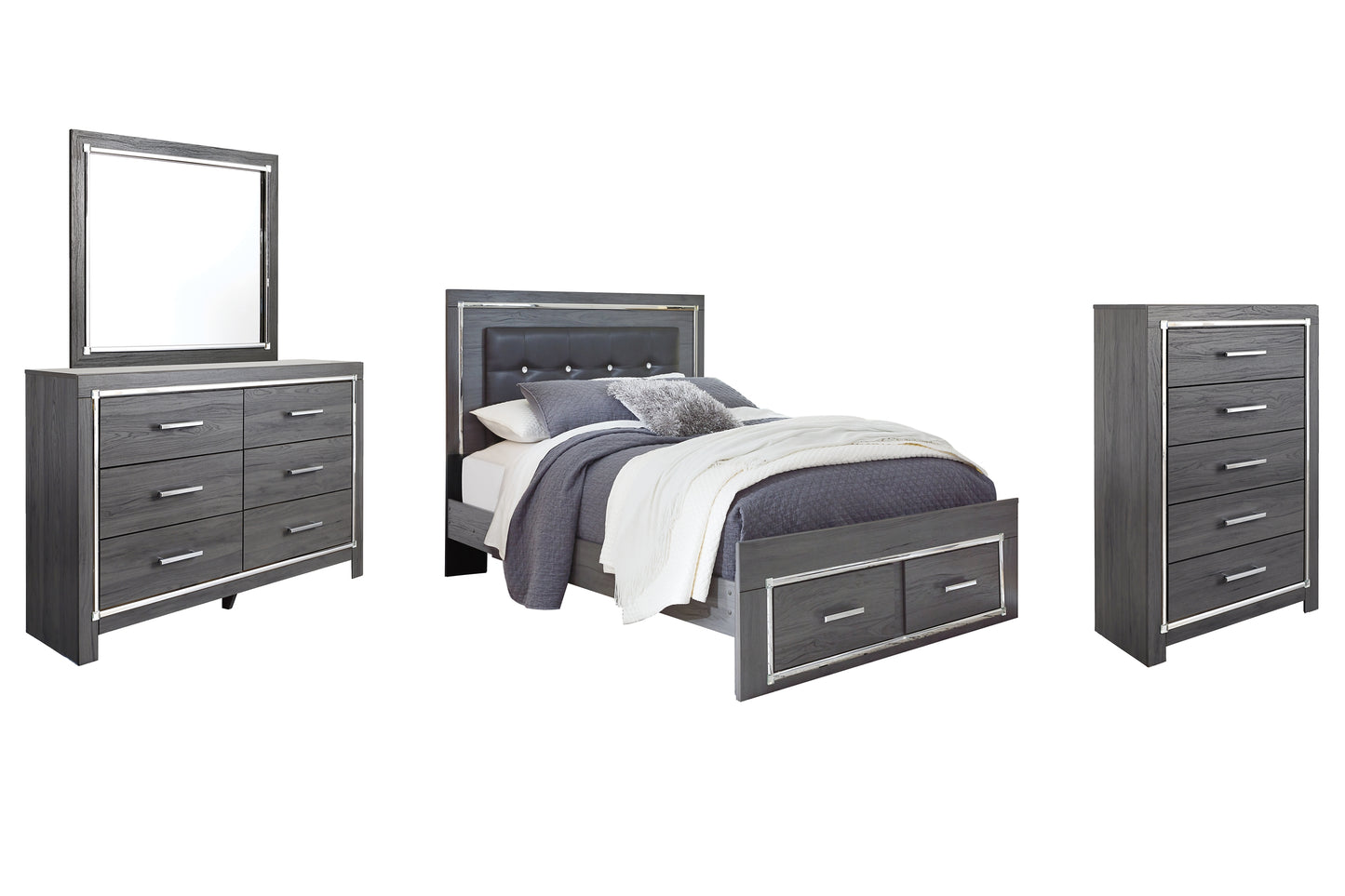 Cama Lodanna con dos cajones, cómoda con espejo y cómoda