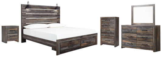 Cama Drystan King con paneles y espacio de almacenamiento, con tocador con espejo, cómoda y mesita de noche