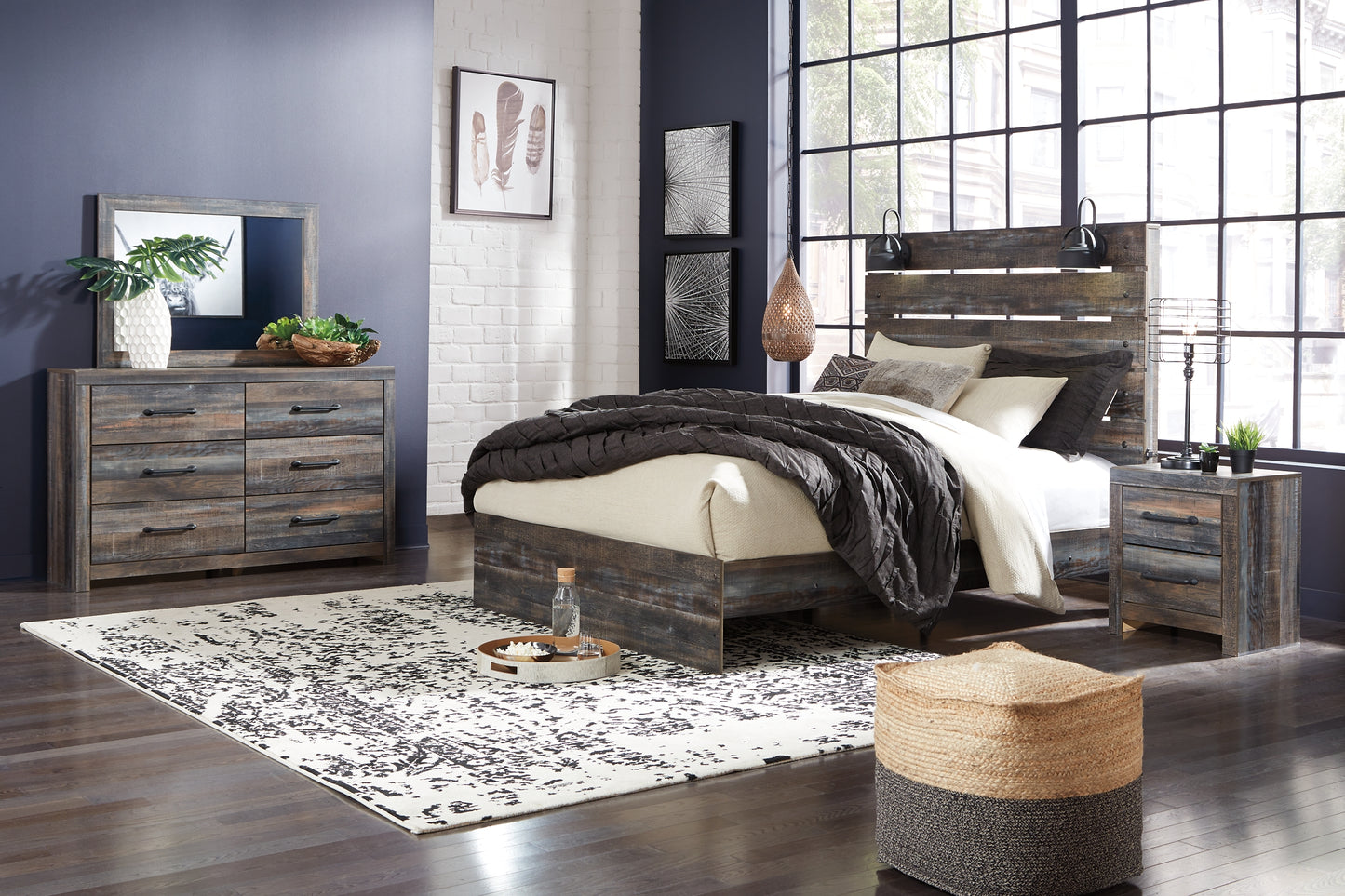 Cama Drystan Queen con paneles y tocador con espejo