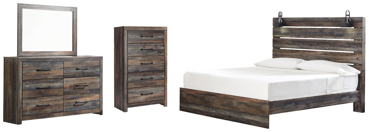 Cama Drystan King con paneles, cómoda y espejo