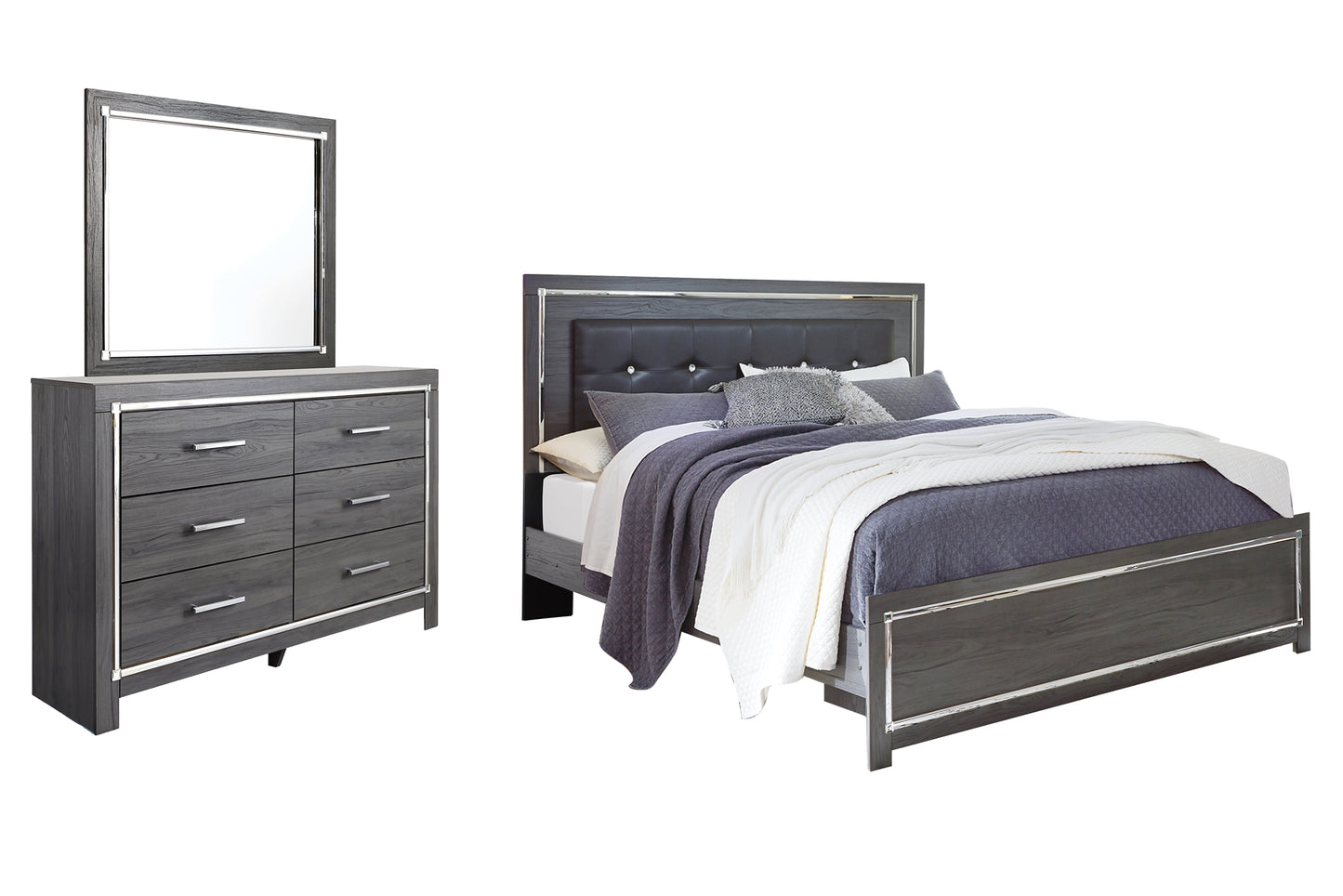 Cama King Lodanna con paneles y tocador con espejo