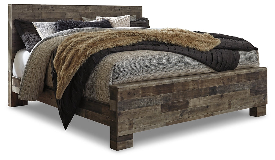 Cama Derekson King con paneles, cómoda con espejo y mesita de noche