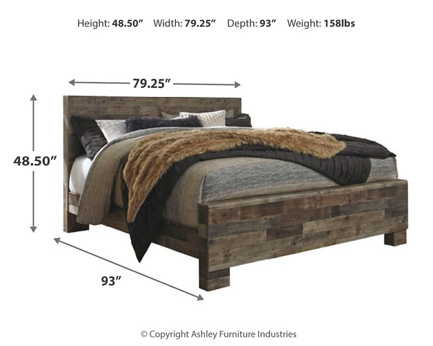 Cama Derekson King con paneles, cómoda con espejo y mesita de noche