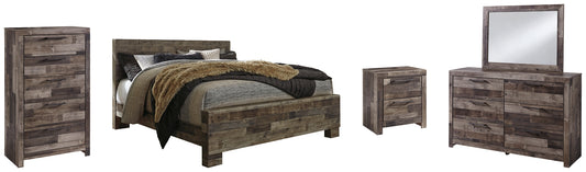 Cama Derekson King con paneles, cómoda con espejo y mesita de noche