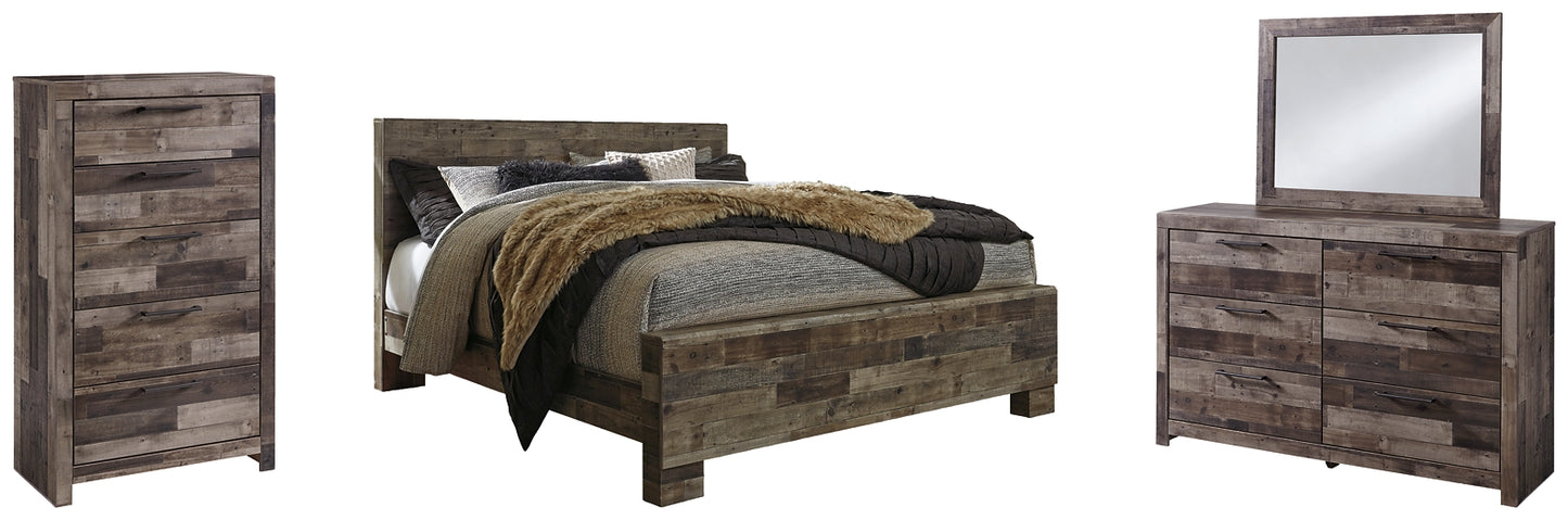 Cama Derekson King con paneles, cómoda y espejo