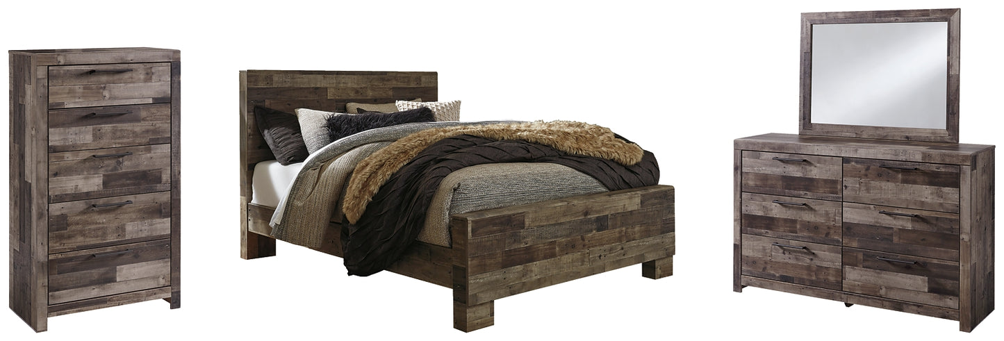 Cama Queen Derekson con paneles, cómoda y espejo