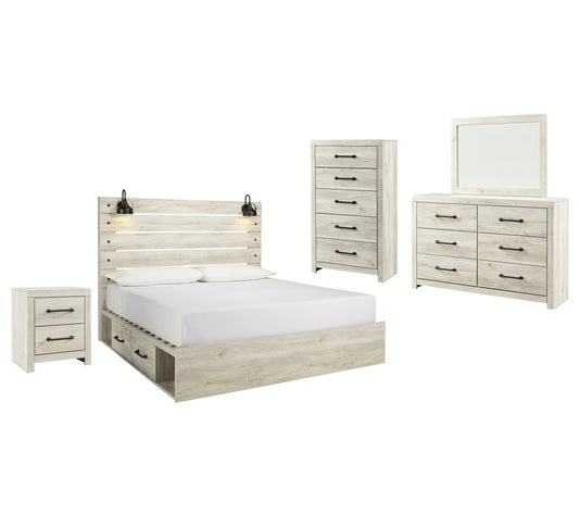 Cama King Cambeck con 4 cajones, cómoda con espejo, cómoda y mesita de noche
