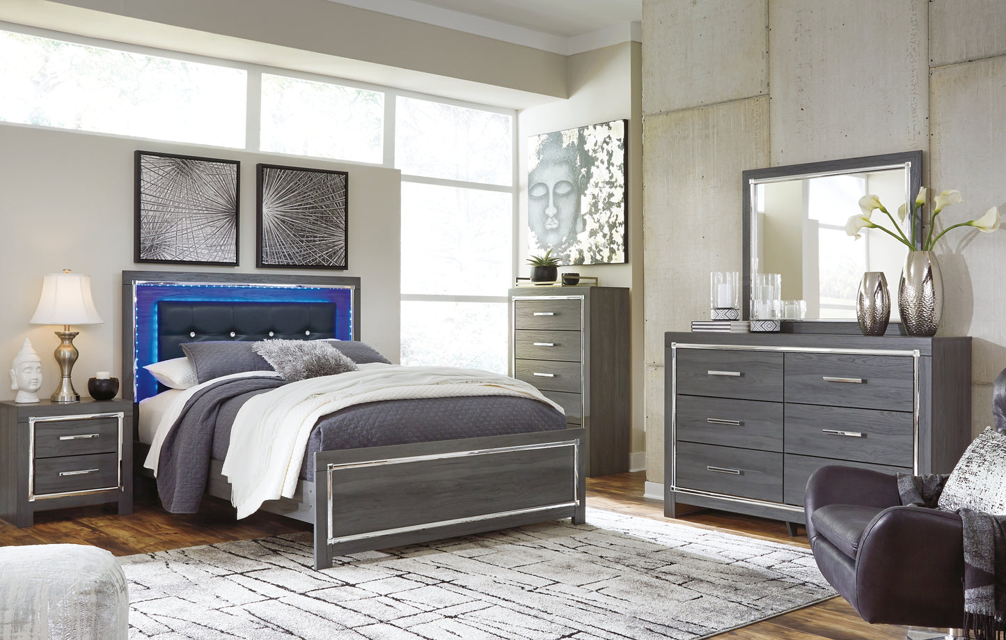 Cama Queen Lodanna con paneles y tocador con espejo