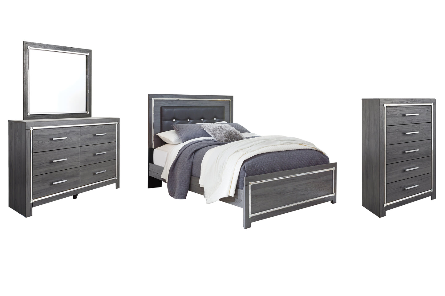 Cama Queen Lodanna con paneles, cómoda y espejo