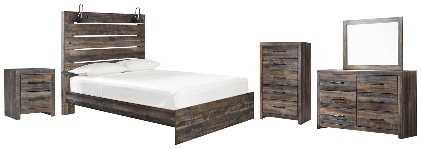 Cama Drystan con paneles, cómoda con espejo y mesita de noche