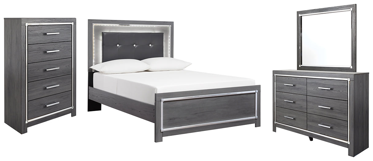 Cama Lodanna con paneles completos, cómoda y espejo