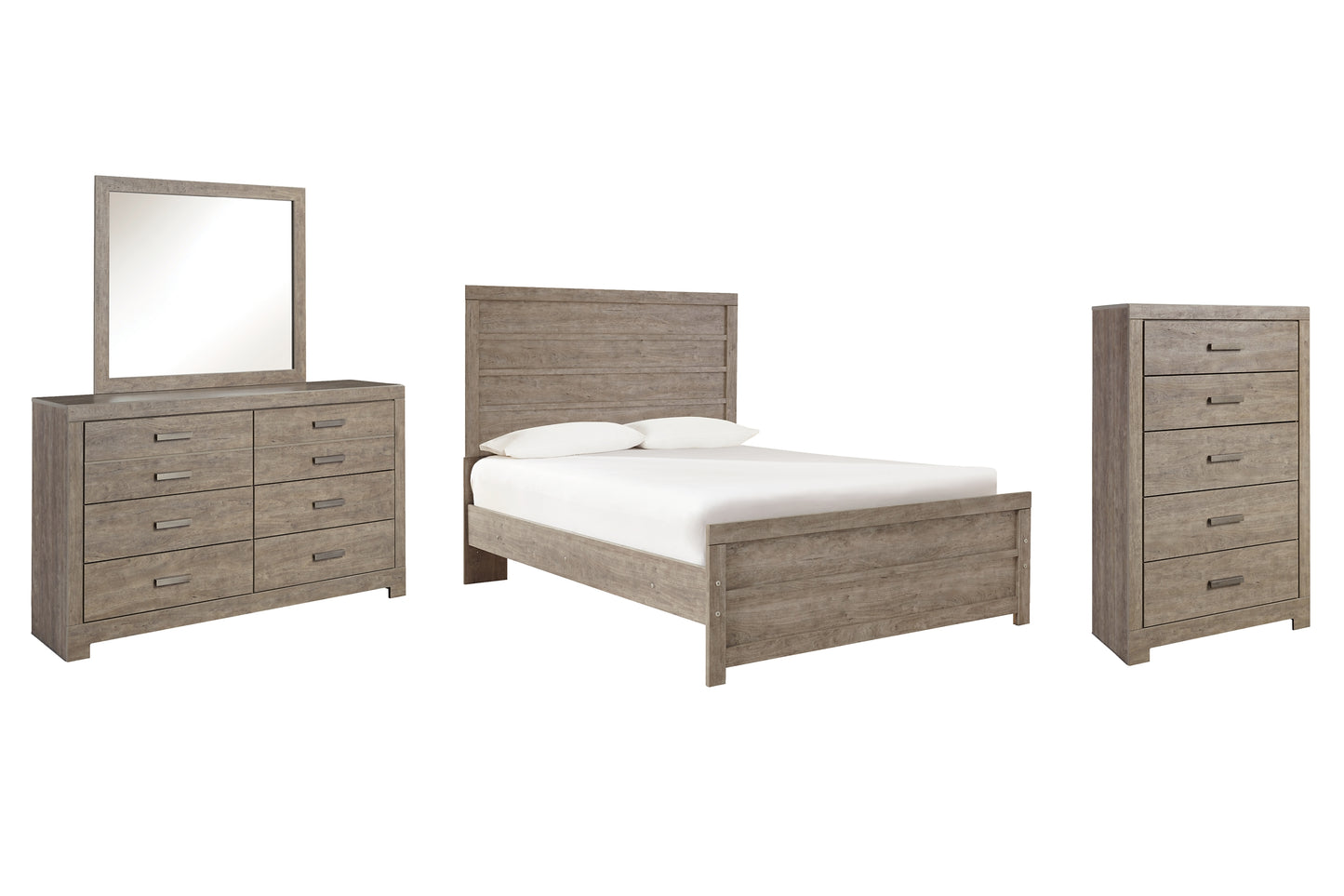 Cama Culverbach con paneles completos, cómoda y espejo