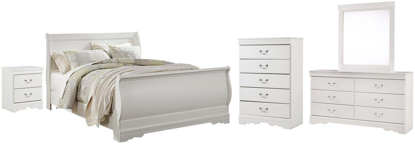 Cama Anarasia Queen tipo trineo con tocador con espejo, cómoda y mesita de noche