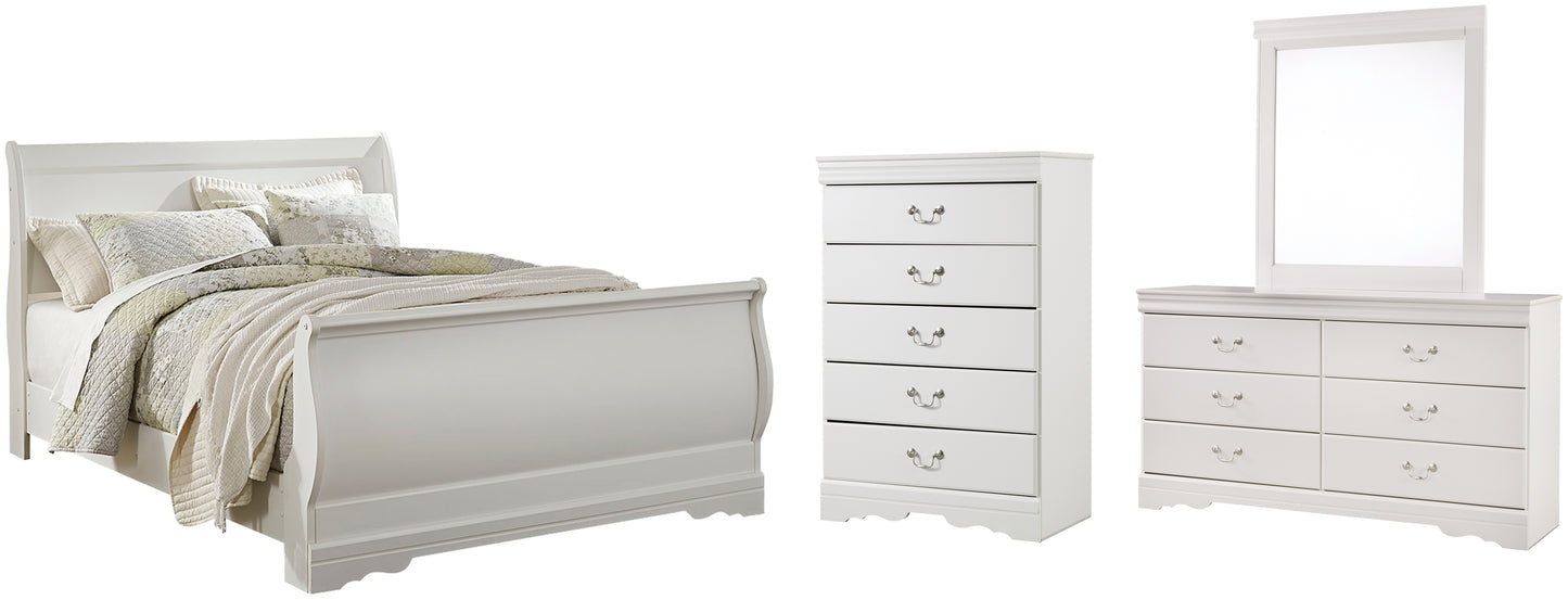 Cama Anarasia Queen tipo trineo con tocador y cómoda con espejo