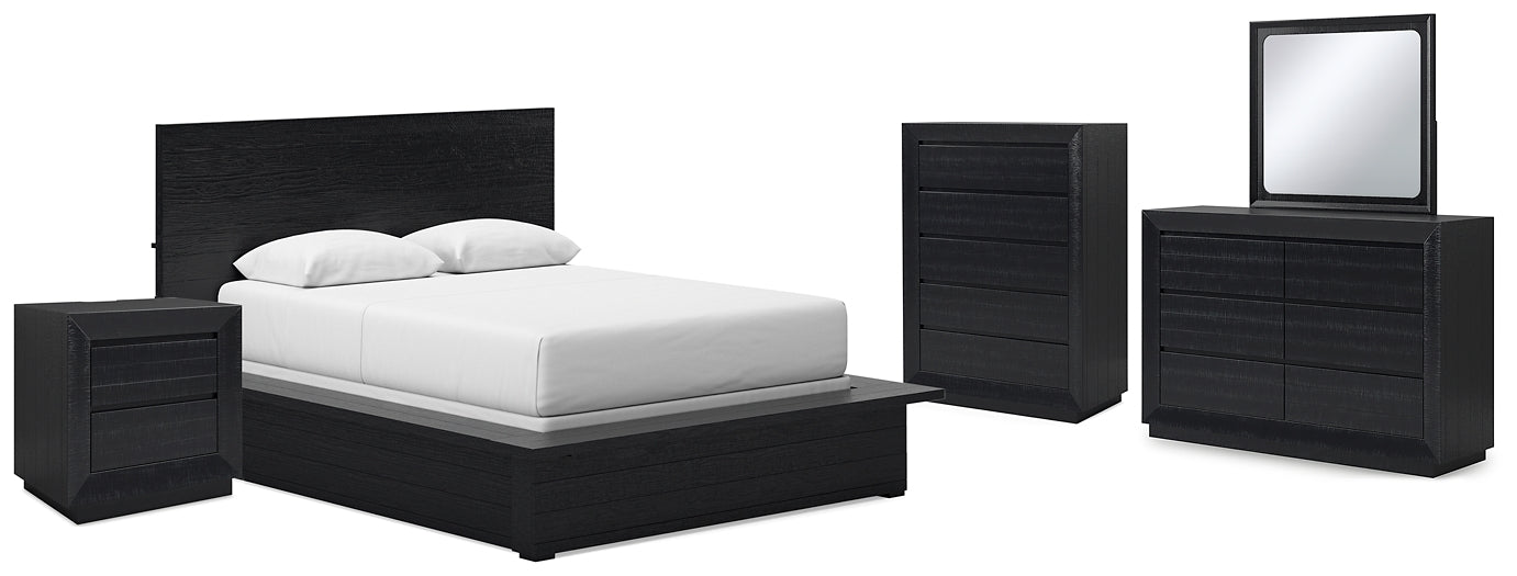 Cama Queen Londer con paneles, cómoda con espejo y mesita de noche