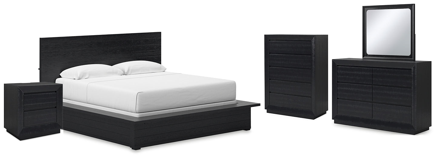 Cama California King con paneles, tocador con espejo, cómoda y mesita de noche