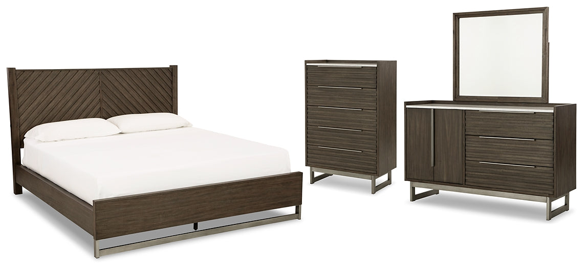 Cama Queen Arkenton con paneles, cómoda y espejo
