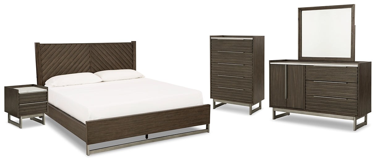 Cama Arkenton California King con paneles, cómoda con espejo, cómoda y mesita de noche