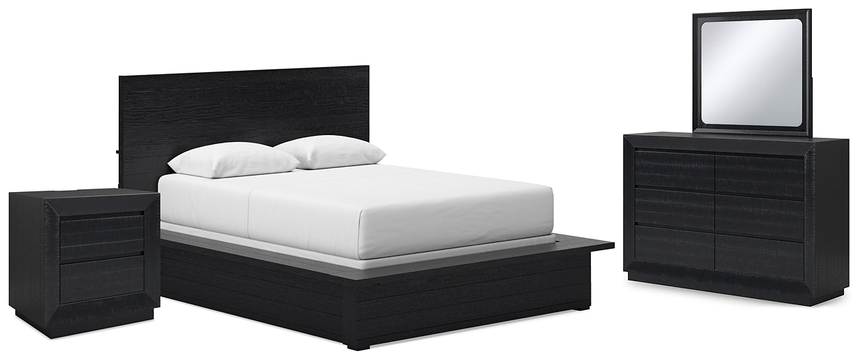 Cama Queen Londer con paneles, tocador con espejo y mesita de noche