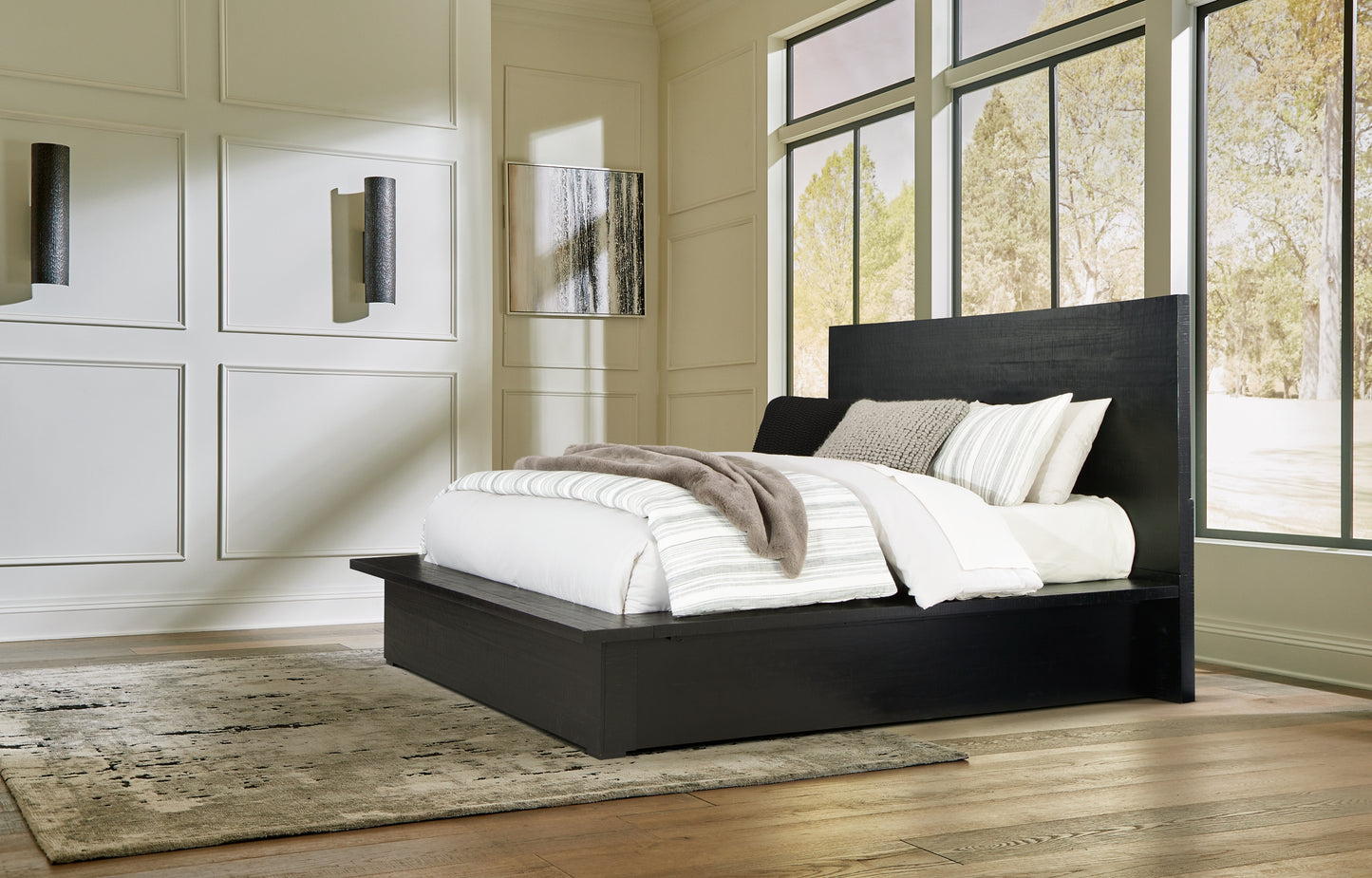 Cama Queen Londer con paneles, tocador con espejo y mesita de noche