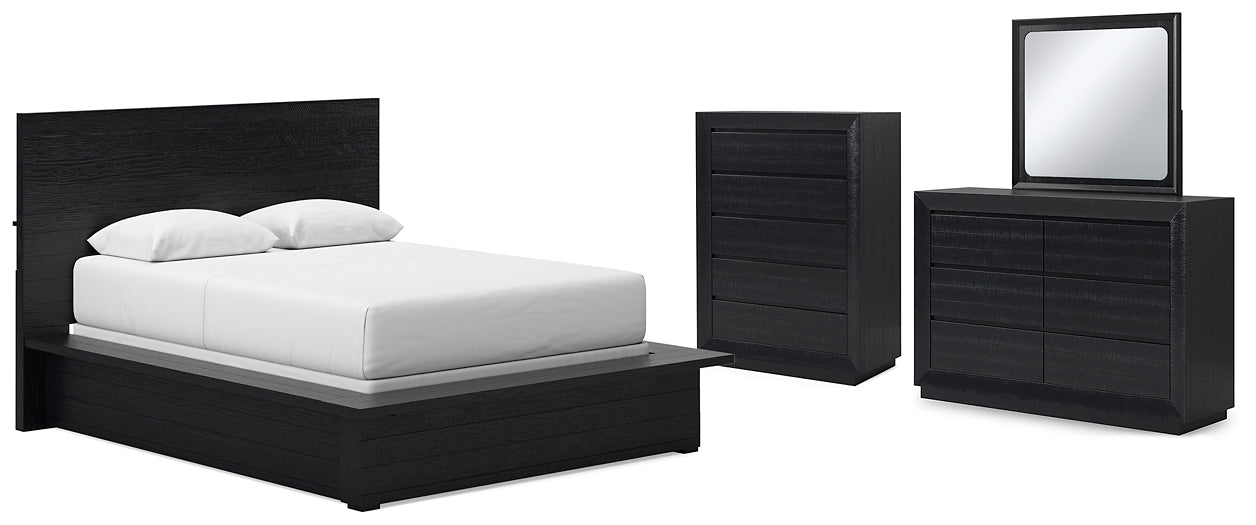 Cama Queen Londer con paneles, cómoda y arcón con espejo