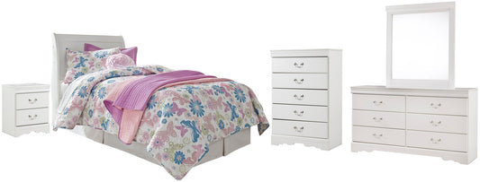 Cabecero de cama Anarasia Twin con tocador, cómoda y mesita de noche con espejo