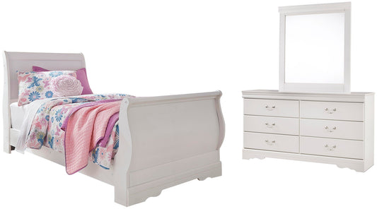 Cama Anarasia Twin tipo trineo con tocador con espejo