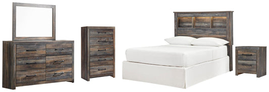 Cabecero de librería completo Drystan con cómoda con espejo, cómoda y mesita de noche