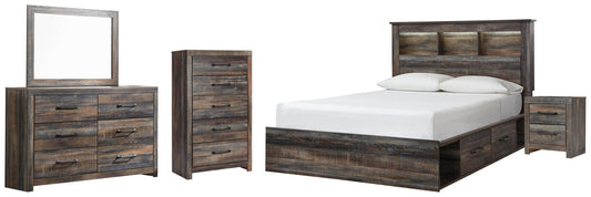 Cama Queen con librería Drystan, 4 cajones, cómoda con espejo, cómoda y mesita de noche
