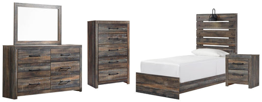 Cama doble Drystan con paneles, cómoda con espejo y mesita de noche