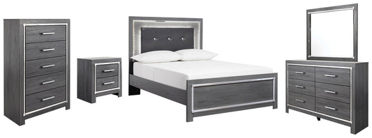 Cama Lodanna con paneles completos, tocador con espejo, cómoda y mesita de noche