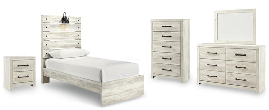 Cama doble Cambeck con paneles, cómoda con espejo y mesita de noche