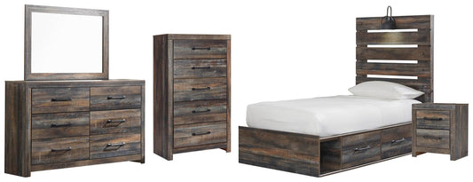 Cama doble Drystan con 4 cajones, cómoda con espejo, cómoda y mesita de noche