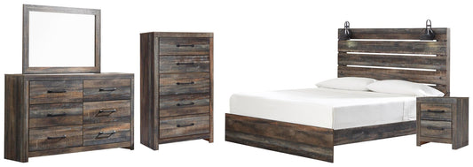 Cama Drystan King con paneles, tocador con espejo, cómoda y mesita de noche