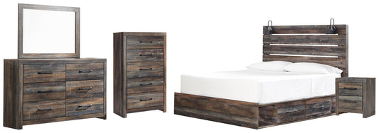 Cama Drystan King con dos cajones de almacenamiento, cómoda con espejo, cómoda y mesita de noche