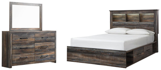Cama Drystan Queen con librería, dos cajones y tocador con espejo