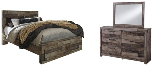 Cama Queen Derekson con dos cajones y tocador con espejo
