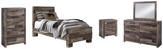 Cama individual Derekson con paneles, cómoda con espejo y mesita de noche