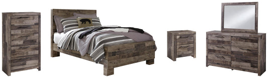 Cama Derekson de tamaño completo con tocador con espejo, cómoda y mesita de noche