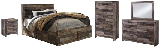Cama Queen Derekson con 6 cajones, cómoda con espejo, cómoda y mesita de noche