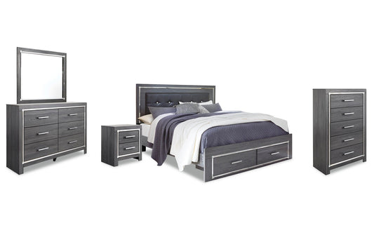 Cama King Lodanna con dos cajones, cómoda con espejo y mesita de noche